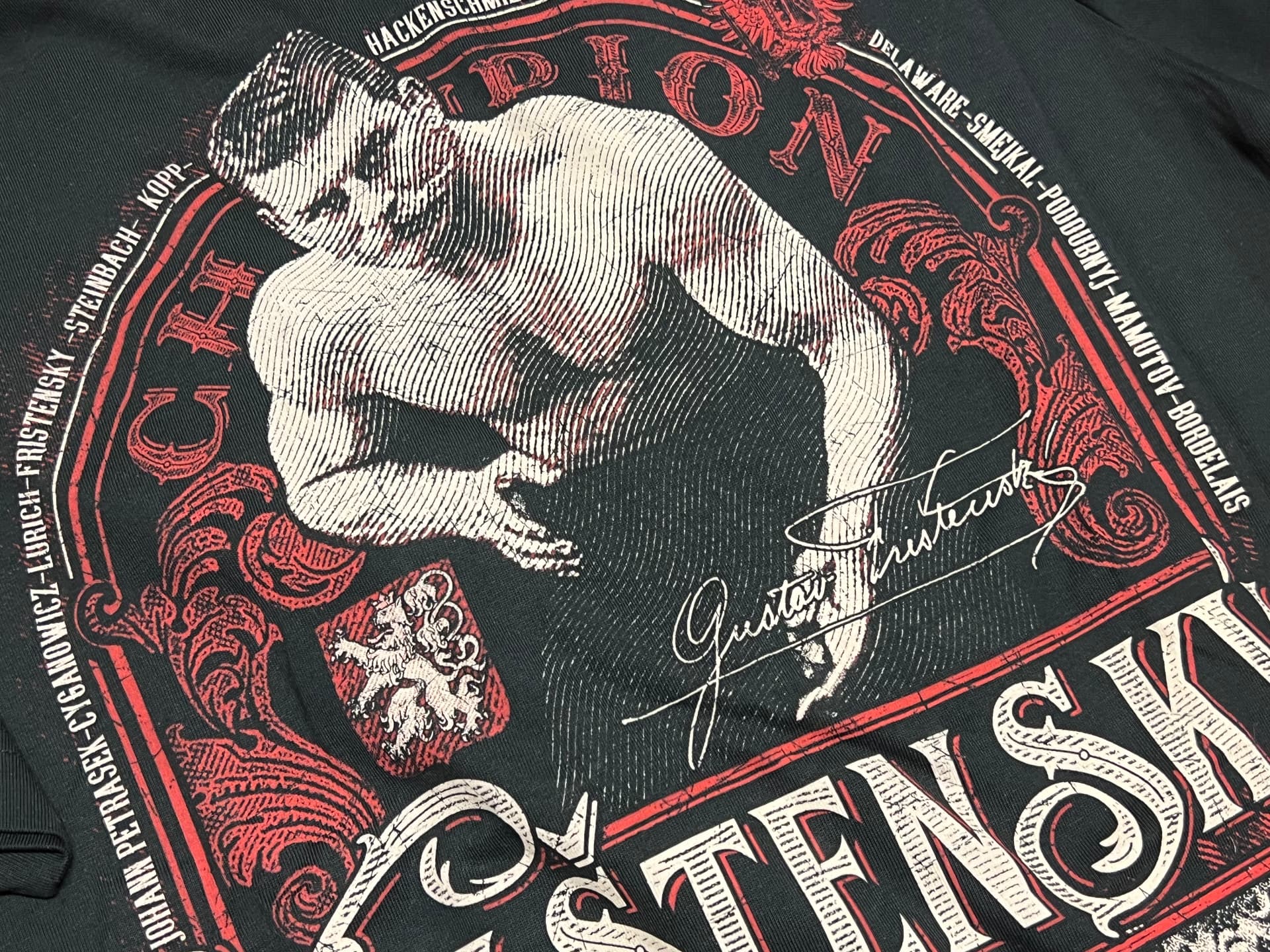 Detail eines mehrfarbigen Siebdrucks auf Textil